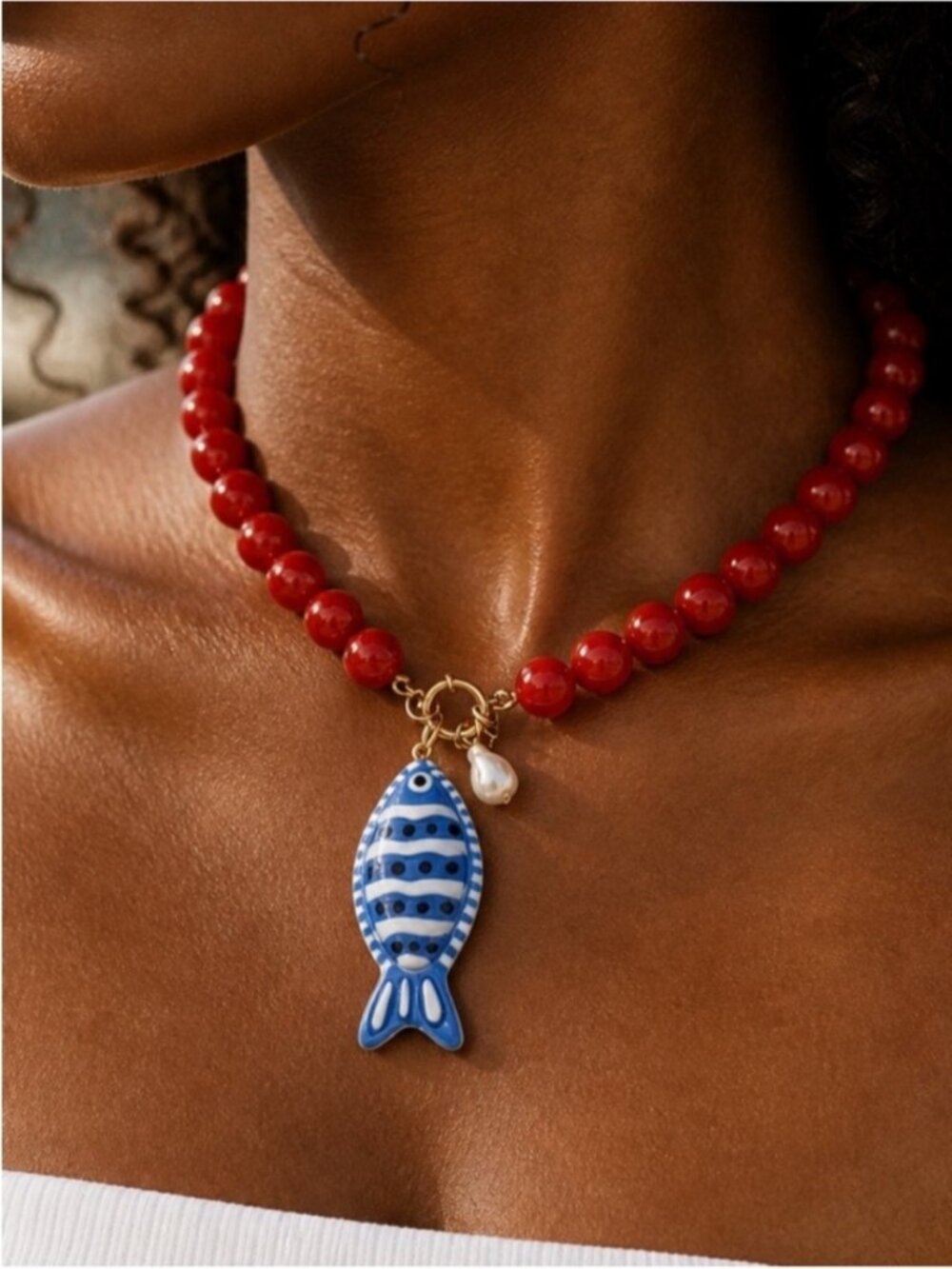 New! Coastal Blue Fish Red Beaded Necklace NWOT